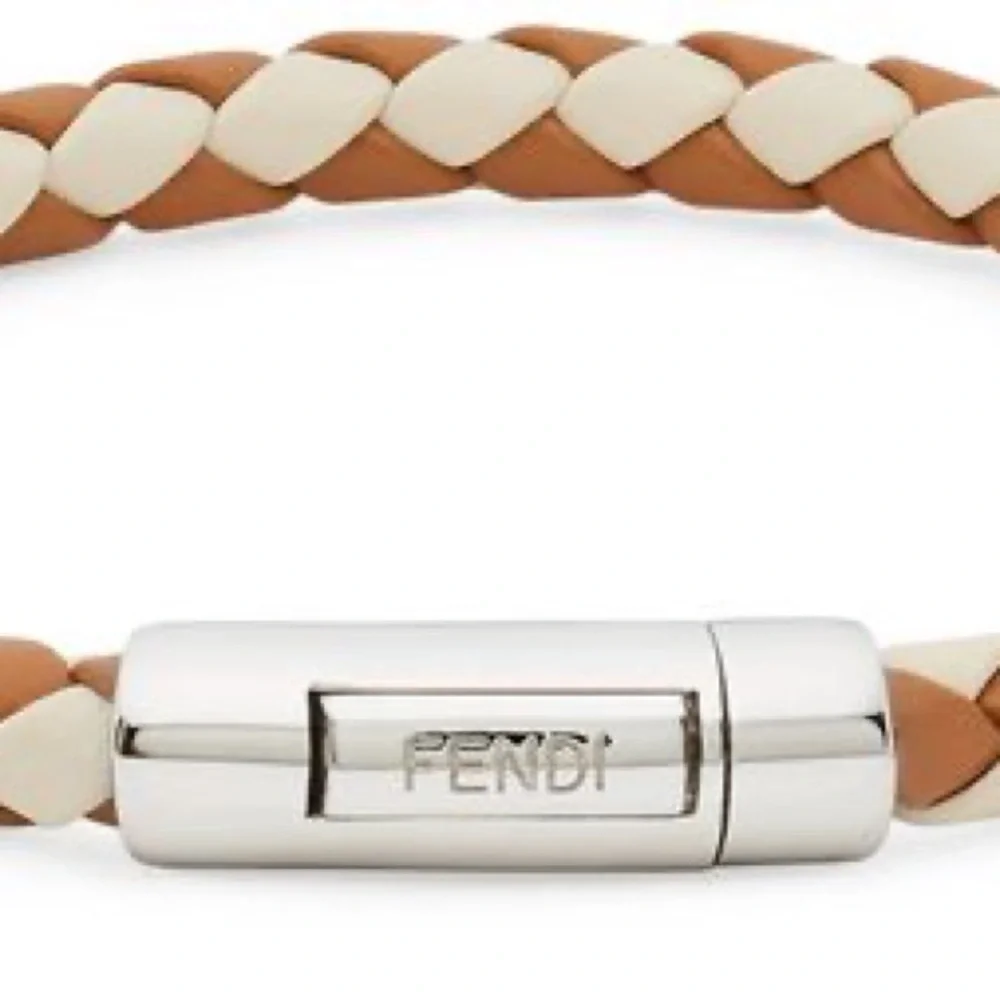 Fendi NWT Braided‎ Leather Bracelet Large Saddle Camelia Palladium Clasp